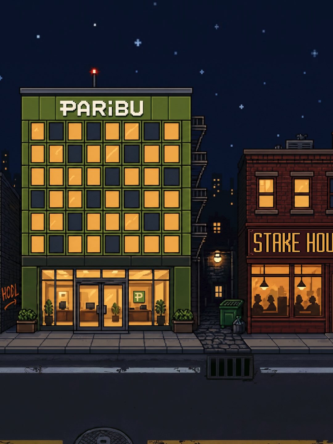 Pixel-art city scene from the Bitcoin Pizza Day game