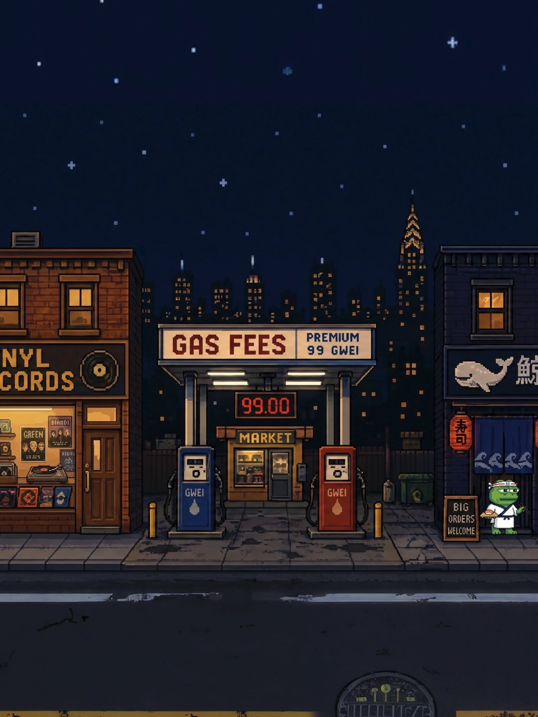 Pixel-art gas station scene, Gas Fees 99 Gwei